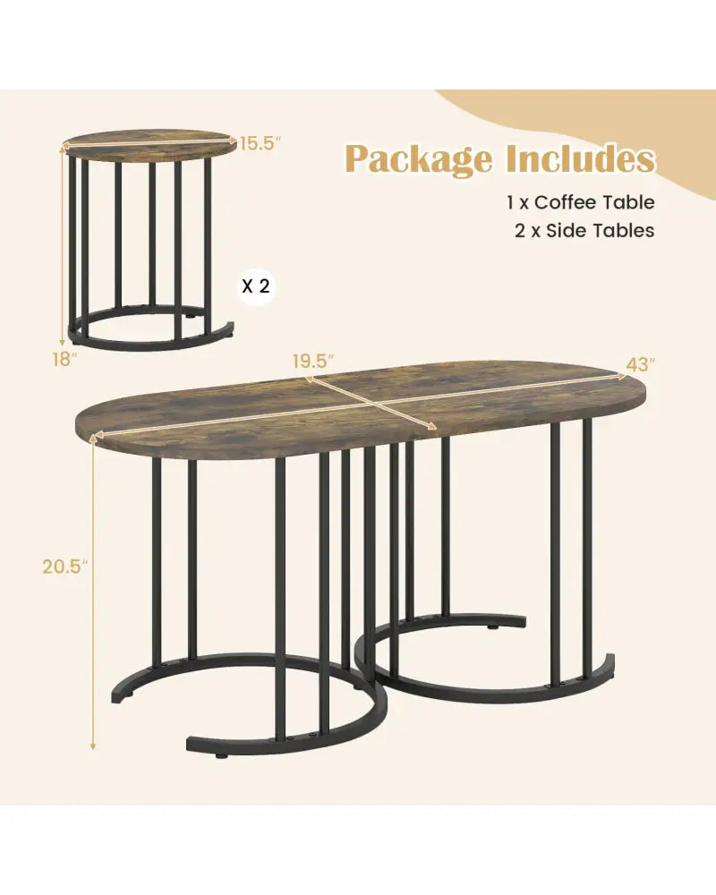 Nesting Coffee Table Set of 3 with Faux Marble Tabletop and Powder-coated Gold Metal Frame-Rustic Brown - Rustic Brown