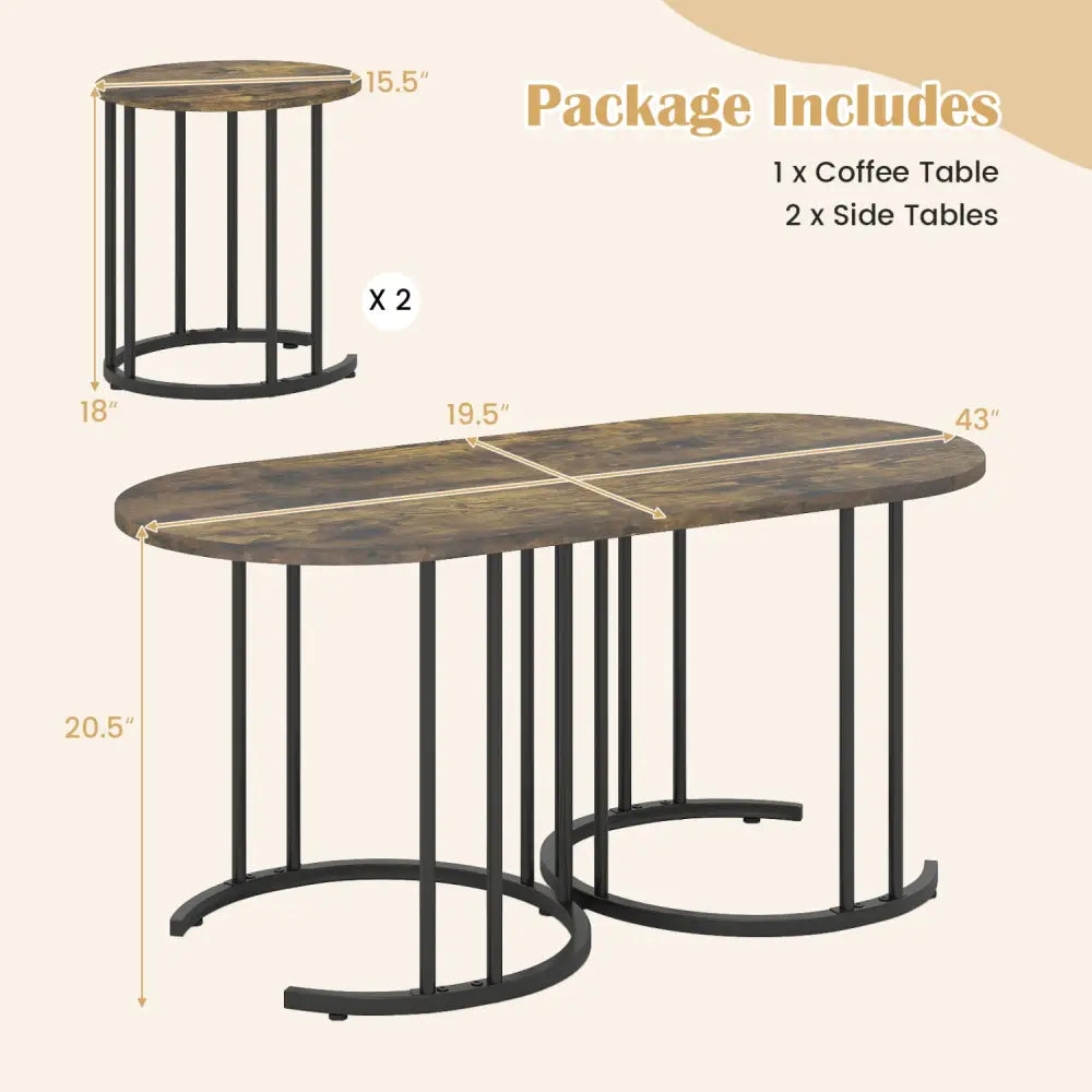 Nesting Coffee Table Set of 3 with Faux Marble Tabletop and Powder-coated Gold Metal Frame-Rustic Brown - Rustic Brown