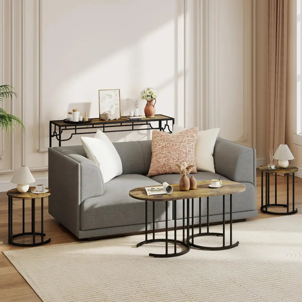 Nesting Coffee Table Set of 3 with Faux Marble Tabletop and Powder-coated Gold Metal Frame-Rustic Brown - Rustic Brown