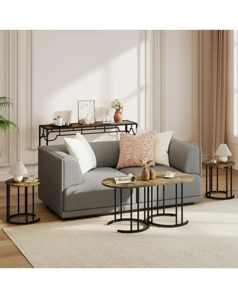 Nesting Coffee Table Set of 3 with Faux Marble Tabletop and Powder-coated Gold Metal Frame-Rustic Brown - Rustic Brown