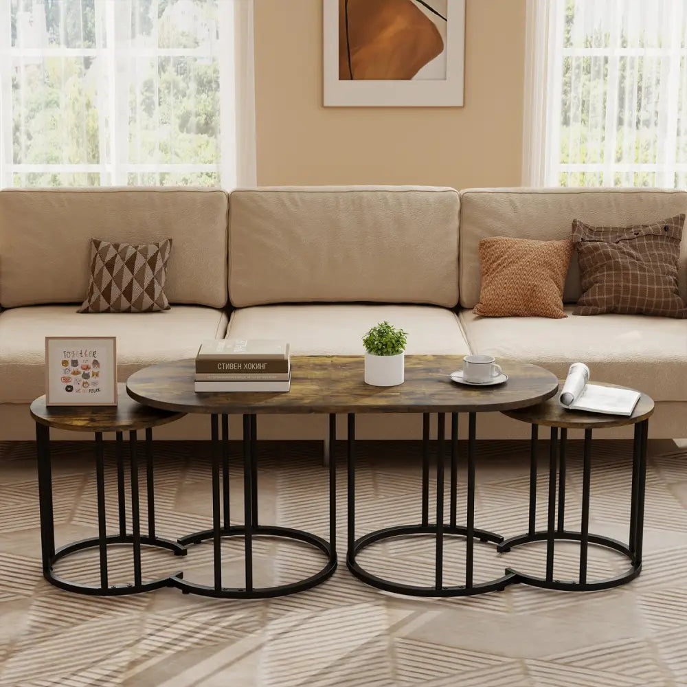 Nesting Coffee Table Set of 3 with Faux Marble Tabletop and Powder-coated Gold Metal Frame-Rustic Brown - Rustic Brown
