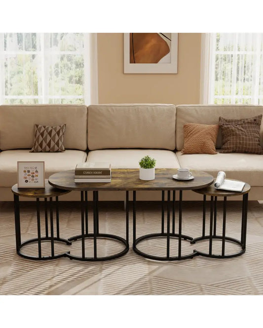 Nesting Coffee Table Set of 3 with Faux Marble Tabletop and Powder-coated Gold Metal Frame-Rustic Brown - Rustic Brown