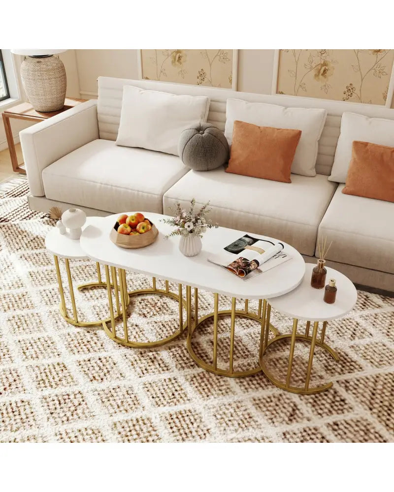 Nesting Coffee Table Set of 3 with Faux Marble Tabletop and Powder-coated Gold Metal Frame-White - White - Coffee Tables