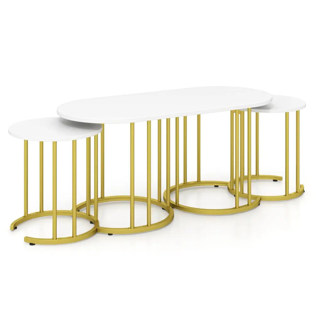 Nesting Coffee Table Set of 3 with Faux Marble Tabletop and Powder-coated Gold Metal Frame-White - White - Coffee Tables