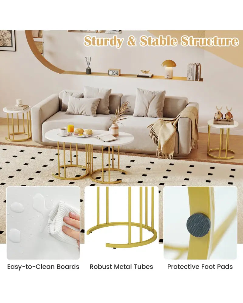 Nesting Coffee Table Set of 3 with Faux Marble Tabletop and Powder-coated Gold Metal Frame-White - White - Coffee Tables