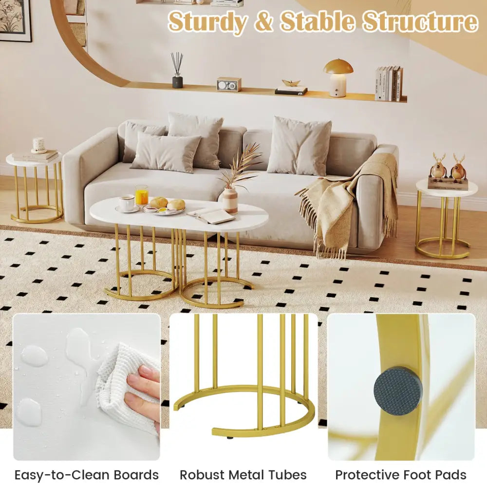 Nesting Coffee Table Set of 3 with Faux Marble Tabletop and Powder-coated Gold Metal Frame-White - White - Coffee Tables