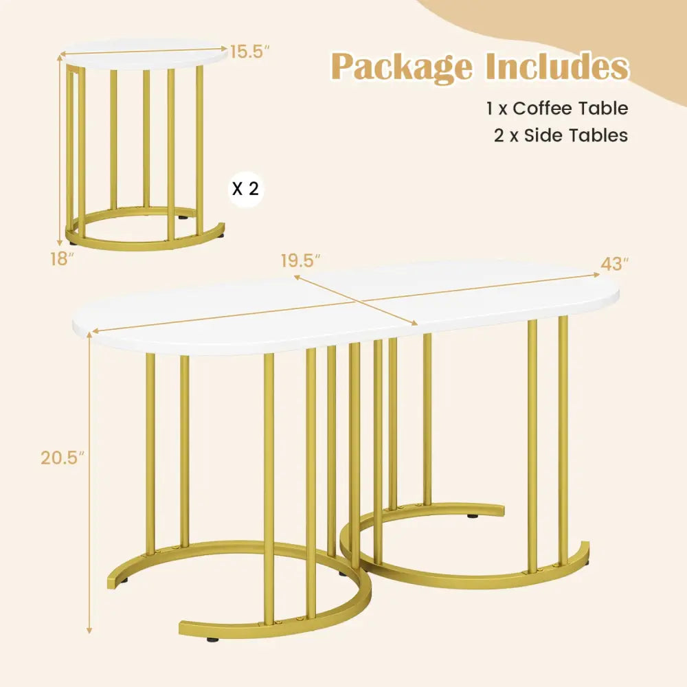 Nesting Coffee Table Set of 3 with Faux Marble Tabletop and Powder-coated Gold Metal Frame-White - White - Coffee Tables