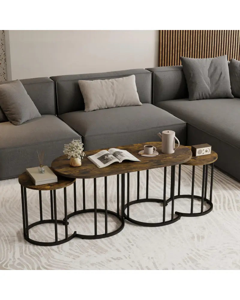 Nesting Coffee Table Set of 3 with Faux Marble Tabletop and Powder-coated Gold Metal Frame-Rustic Brown - Rustic Brown