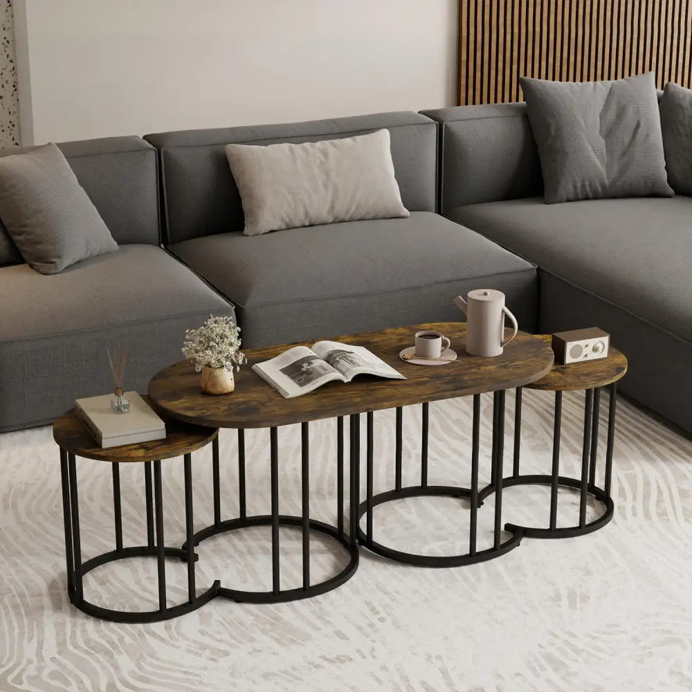 Nesting Coffee Table Set of 3 with Faux Marble Tabletop and Powder-coated Gold Metal Frame-Rustic Brown - Rustic Brown