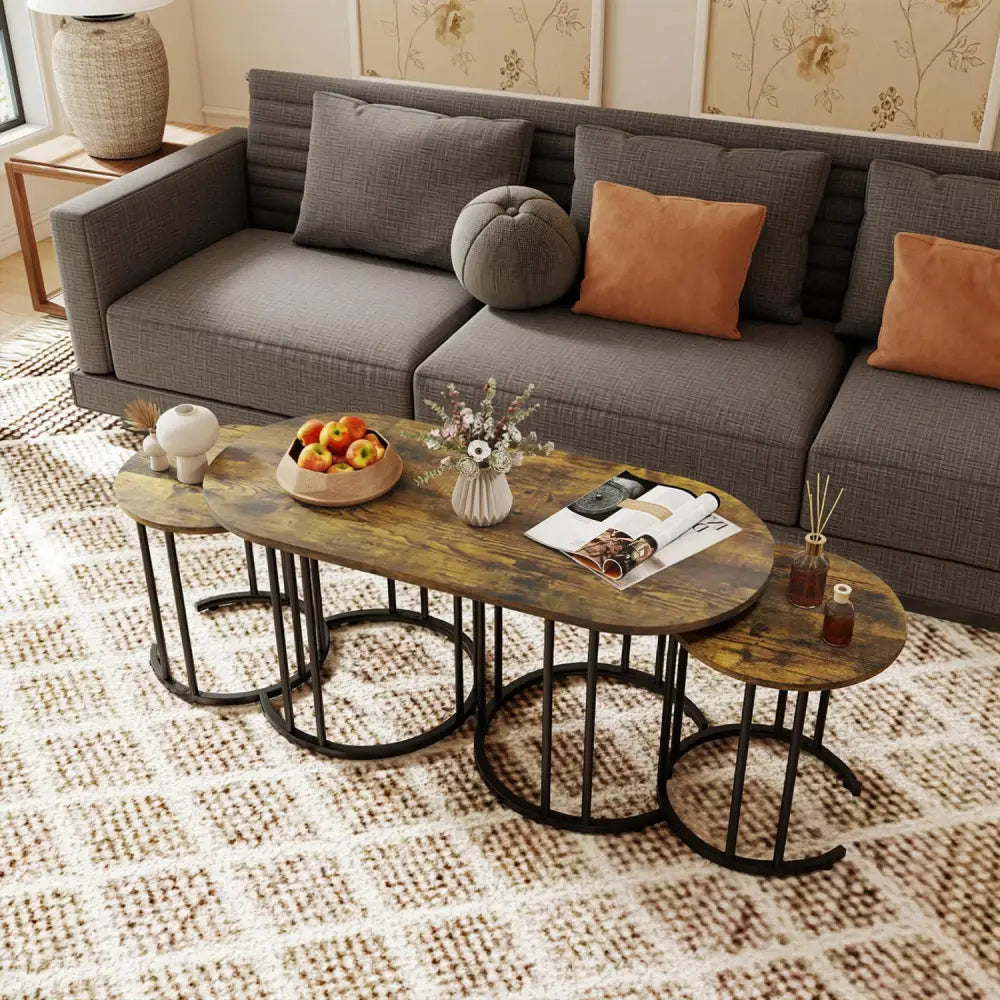 Nesting Coffee Table Set of 3 with Faux Marble Tabletop and Powder-coated Gold Metal Frame-Rustic Brown - Rustic Brown