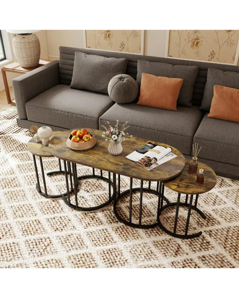 Nesting Coffee Table Set of 3 with Faux Marble Tabletop and Powder-coated Gold Metal Frame-Rustic Brown - Rustic Brown