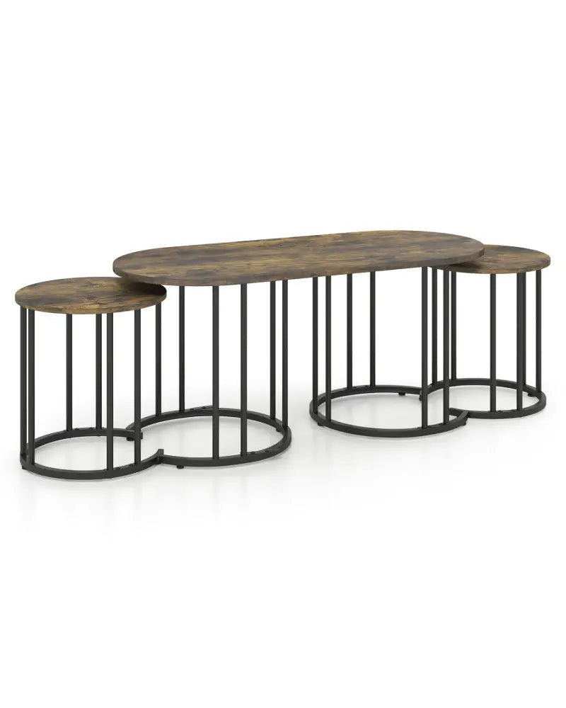 Nesting Coffee Table Set of 3 with Faux Marble Tabletop and Powder-coated Gold Metal Frame-Rustic Brown - Rustic Brown