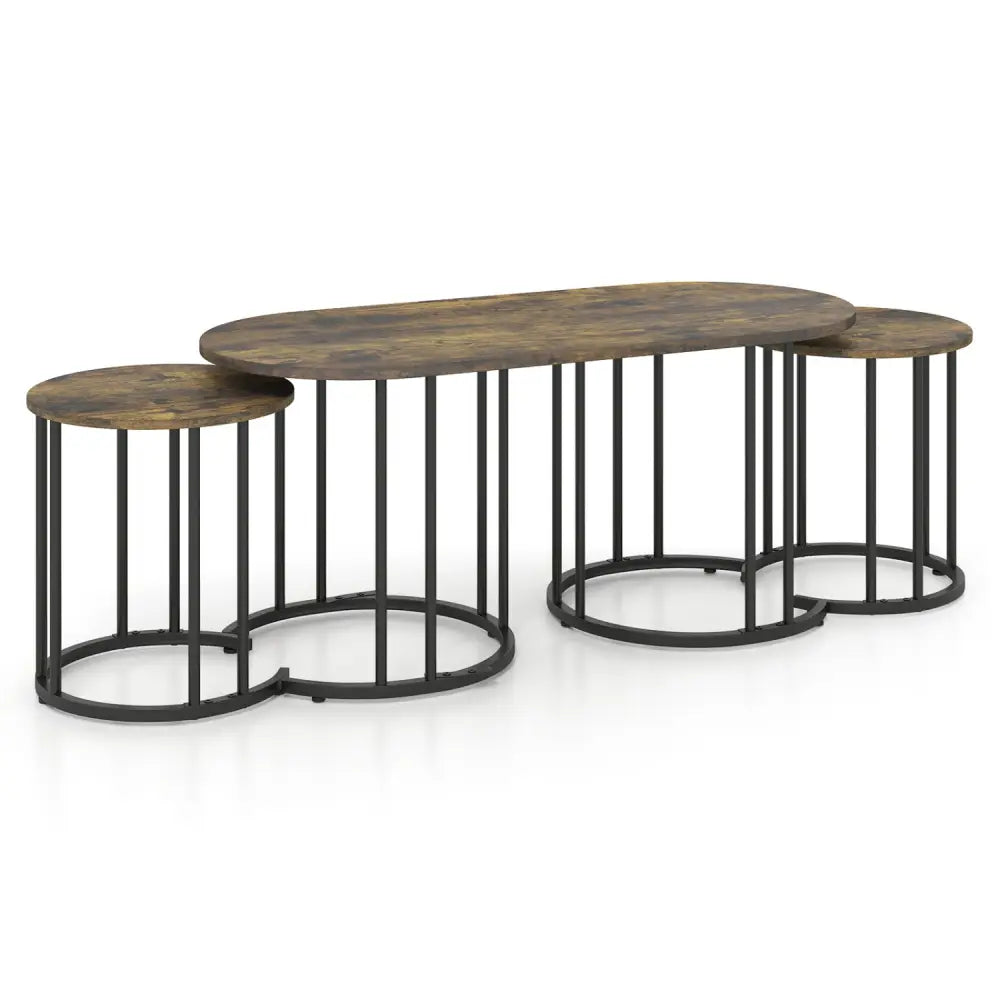 Nesting Coffee Table Set of 3 with Faux Marble Tabletop and Powder-coated Gold Metal Frame-Rustic Brown - Rustic Brown