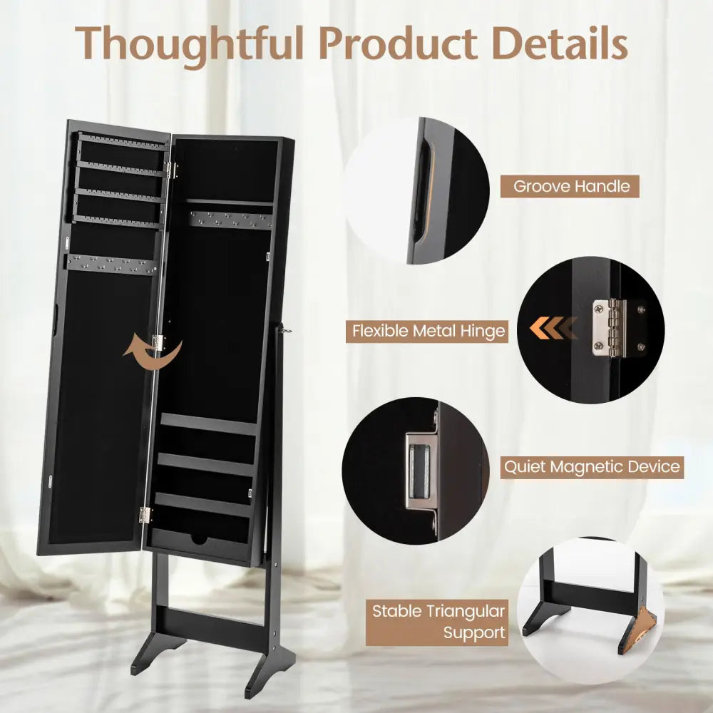 New Mirrored Jewelry Cabinet Armoire Mirror Organizer Storage Box Ring w/ Stand-Black - Black - Jewelry Armoires