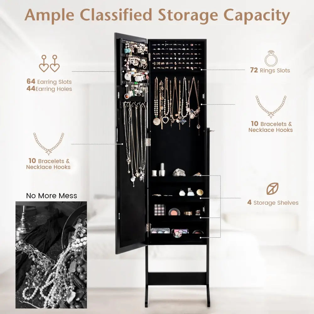 New Mirrored Jewelry Cabinet Armoire Mirror Organizer Storage Box Ring w/ Stand-Black - Black - Jewelry Armoires