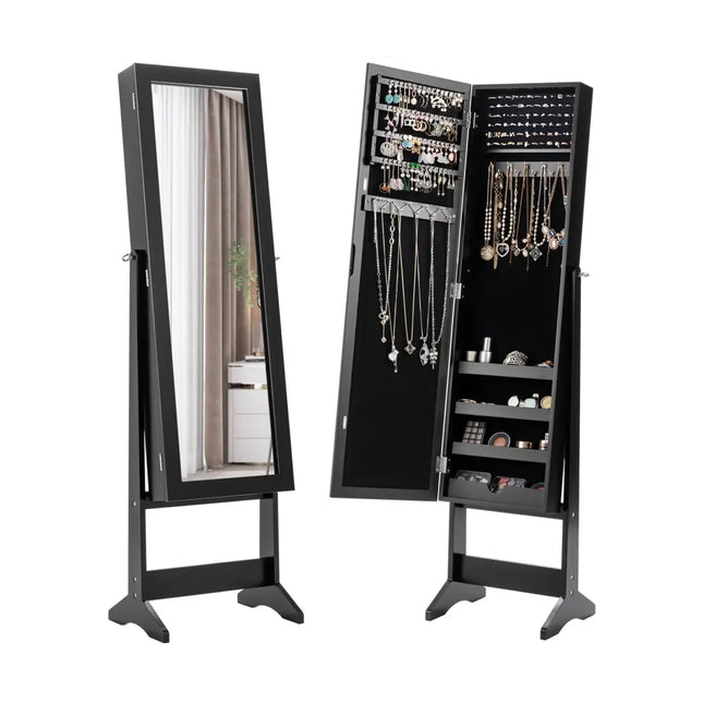 New Mirrored Jewelry Cabinet Armoire Mirror Organizer Storage Box Ring w/ Stand-Black - Black - Jewelry Armoires