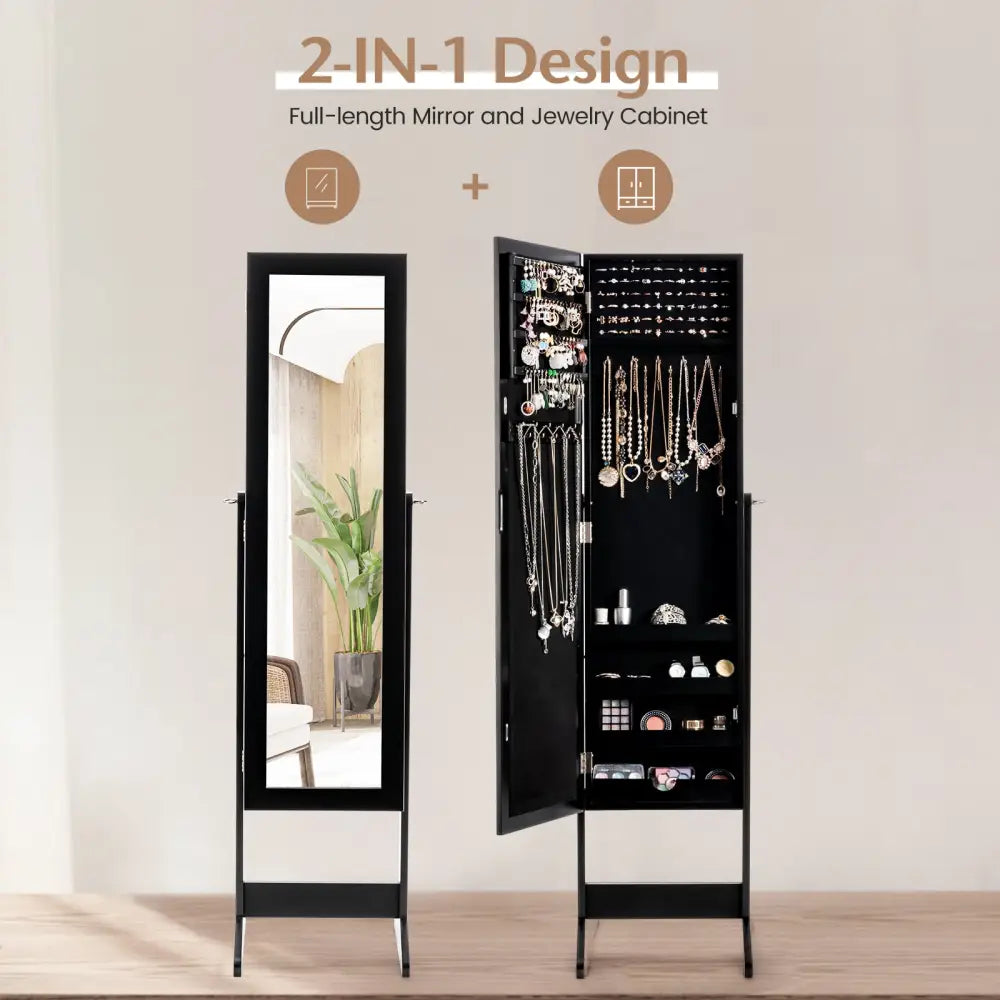 New Mirrored Jewelry Cabinet Armoire Mirror Organizer Storage Box Ring w/ Stand-Black - Black - Jewelry Armoires