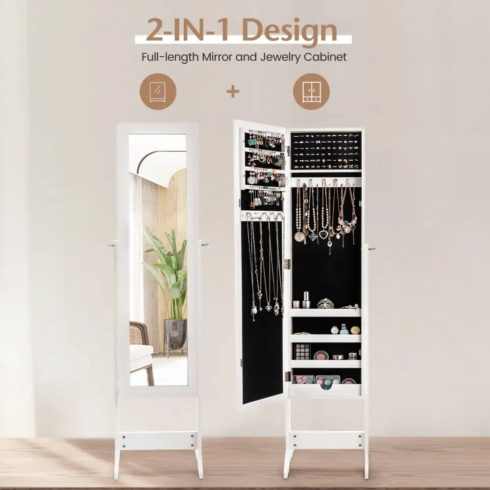 New Mirrored Jewelry Cabinet Armoire Mirror Organizer Storage Box Ring w/ Stand-White - White - Jewelry Armoires