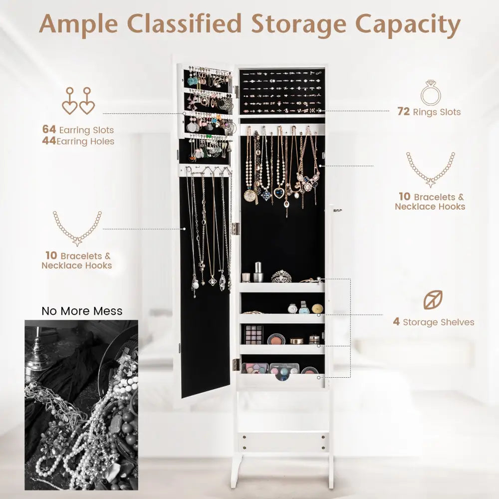 New Mirrored Jewelry Cabinet Armoire Mirror Organizer Storage Box Ring w/ Stand-White - White - Jewelry Armoires