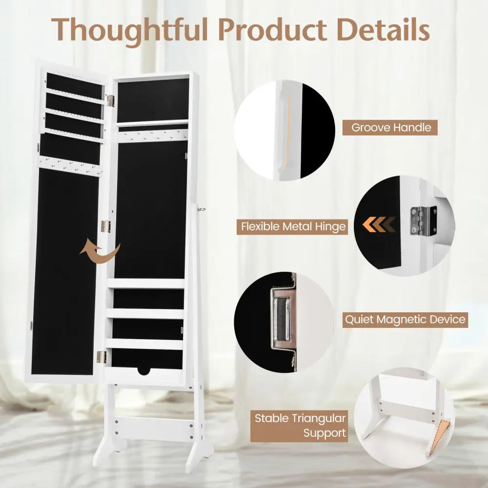 New Mirrored Jewelry Cabinet Armoire Mirror Organizer Storage Box Ring w/ Stand-White - White - Jewelry Armoires
