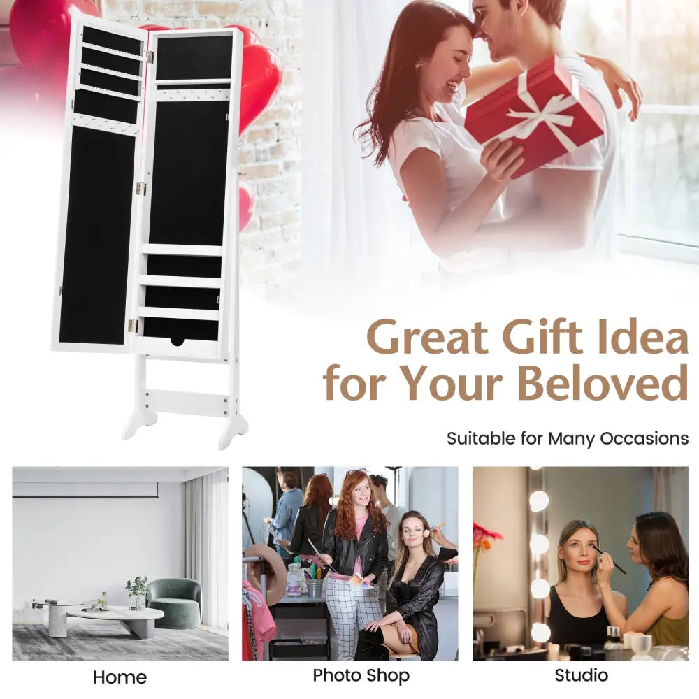 New Mirrored Jewelry Cabinet Armoire Mirror Organizer Storage Box Ring w/ Stand-White - White - Jewelry Armoires