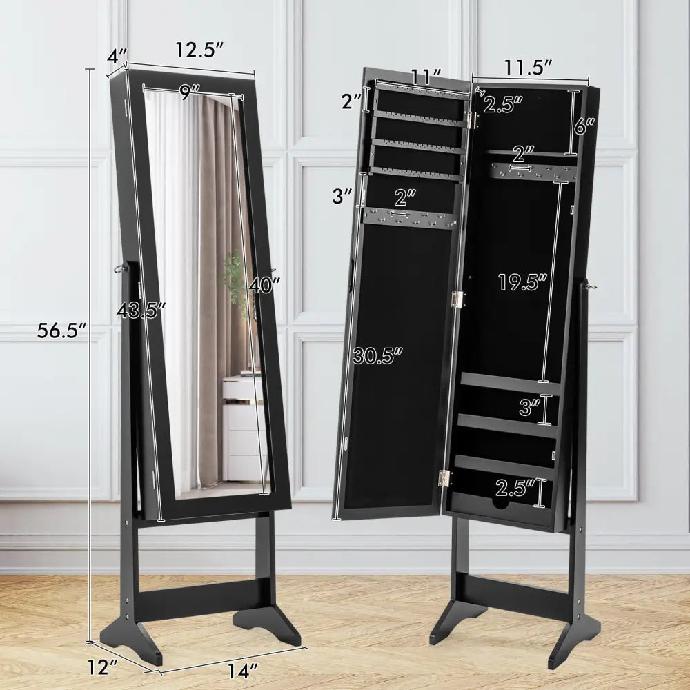 New Mirrored Jewelry Cabinet Armoire Mirror Organizer Storage Box Ring w/ Stand-Black - Black - Jewelry Armoires