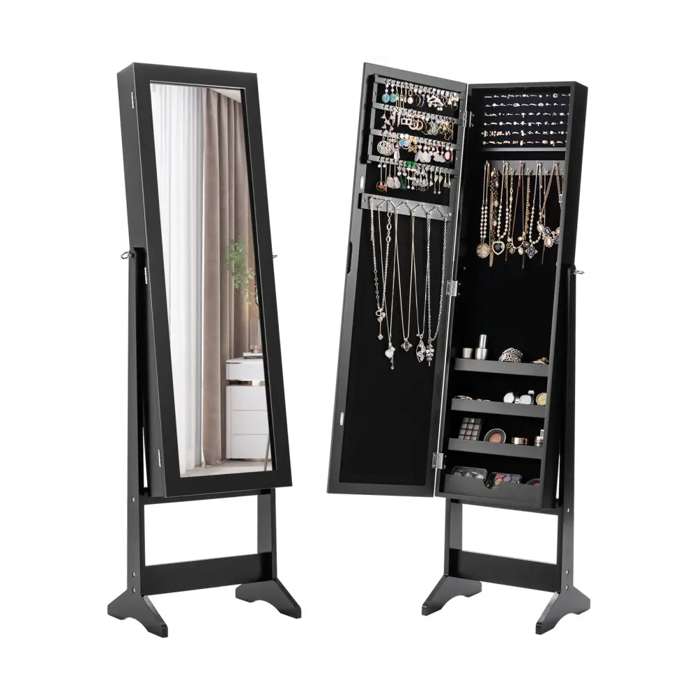 New Mirrored Jewelry Cabinet Armoire Mirror Organizer Storage Box Ring w/ Stand-Black - Black - Jewelry Armoires