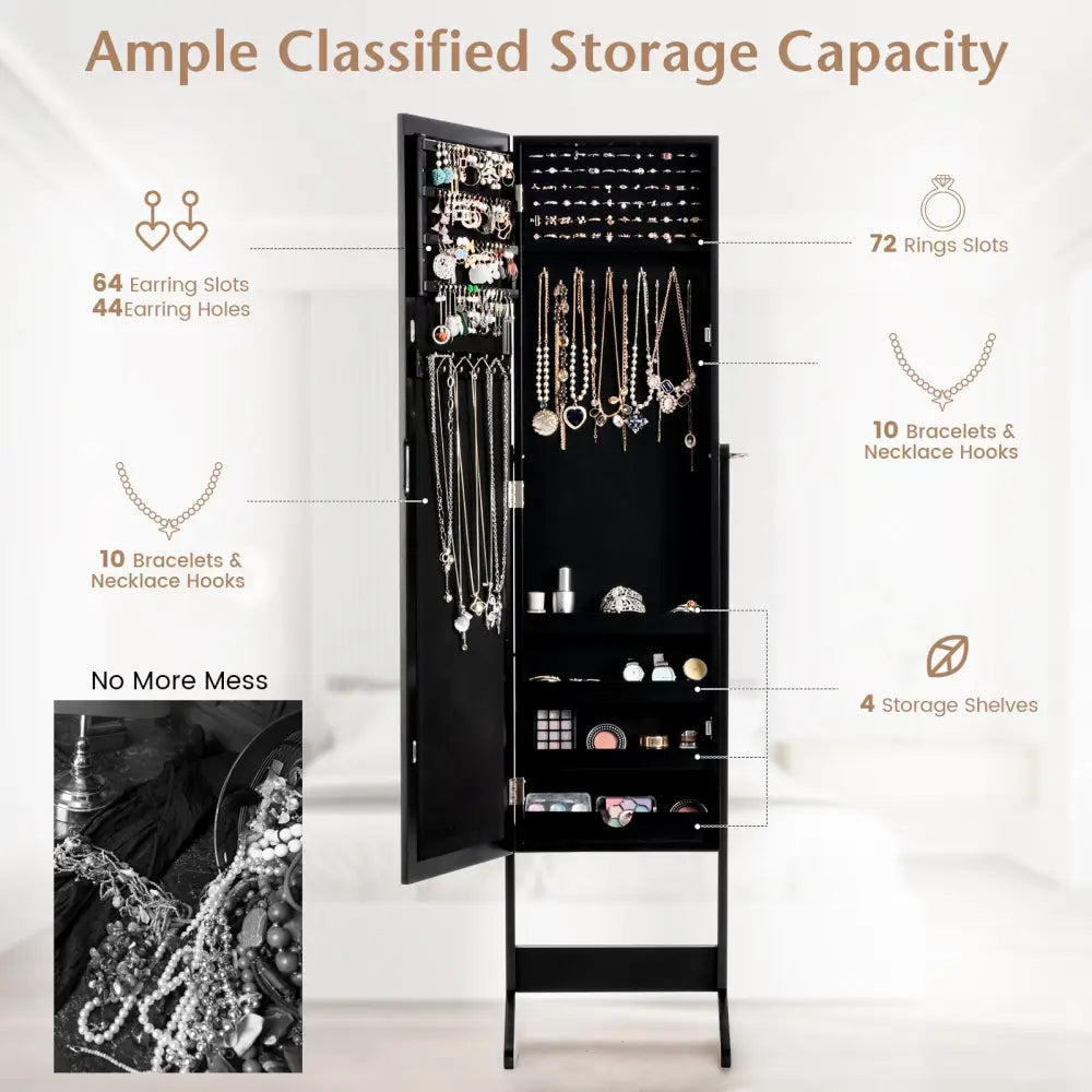 New Mirrored Jewelry Cabinet Armoire Mirror Organizer Storage Box Ring w/ Stand-Black - Black - Jewelry Armoires