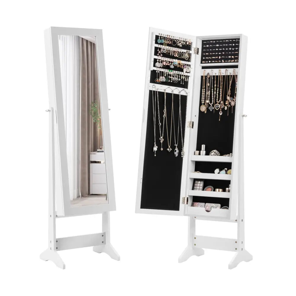 New Mirrored Jewelry Cabinet Armoire Mirror Organizer Storage Box Ring w/ Stand-White - White - Jewelry Armoires