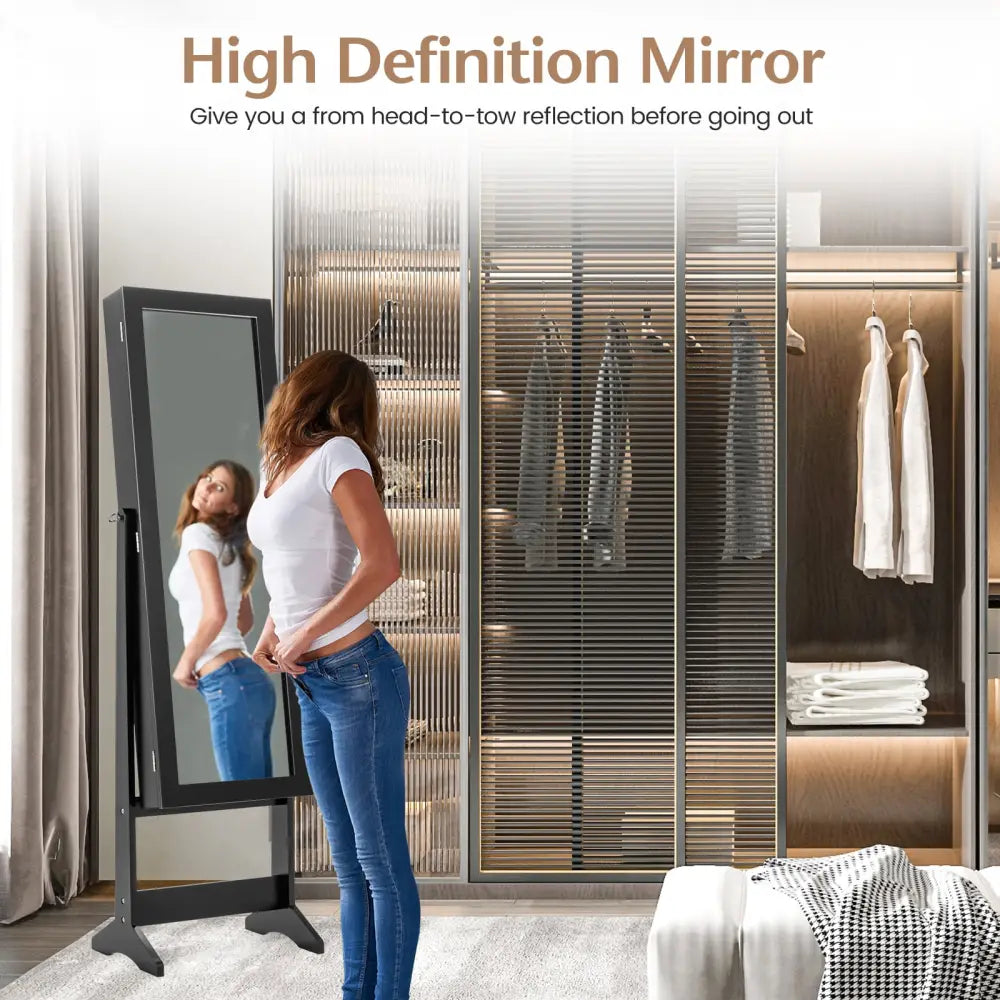 New Mirrored Jewelry Cabinet Armoire Mirror Organizer Storage Box Ring w/ Stand-Black - Black - Jewelry Armoires