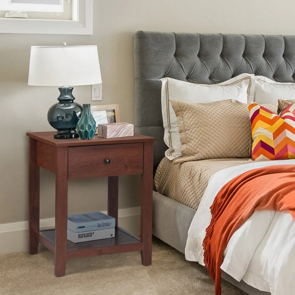 Night Stand End Side Table with Drawer and Storage Shelf - Brown - Nightstands