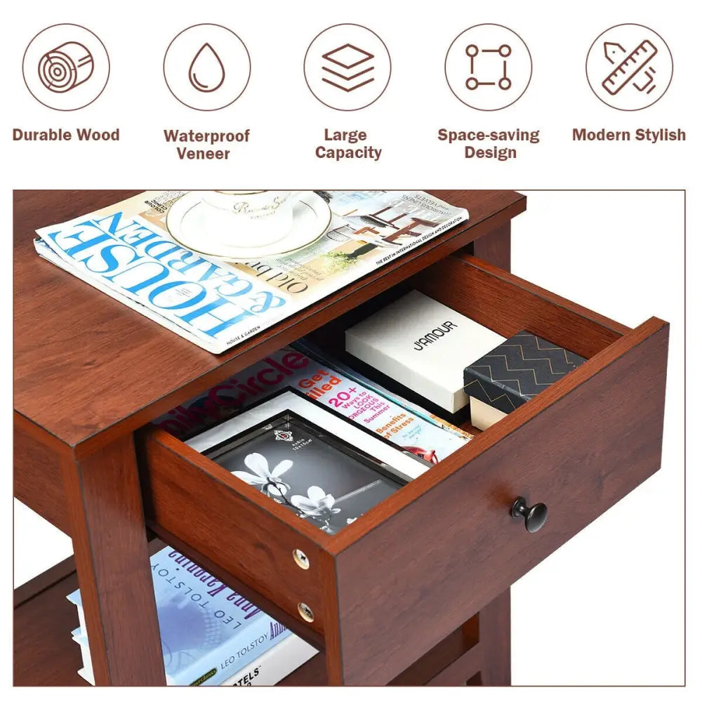 Night Stand End Side Table with Drawer and Storage Shelf - Brown - Nightstands
