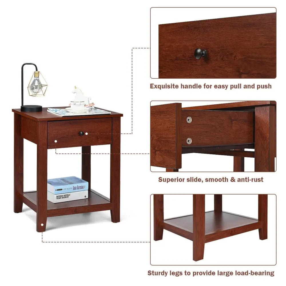 Night Stand End Side Table with Drawer and Storage Shelf - Brown - Nightstands