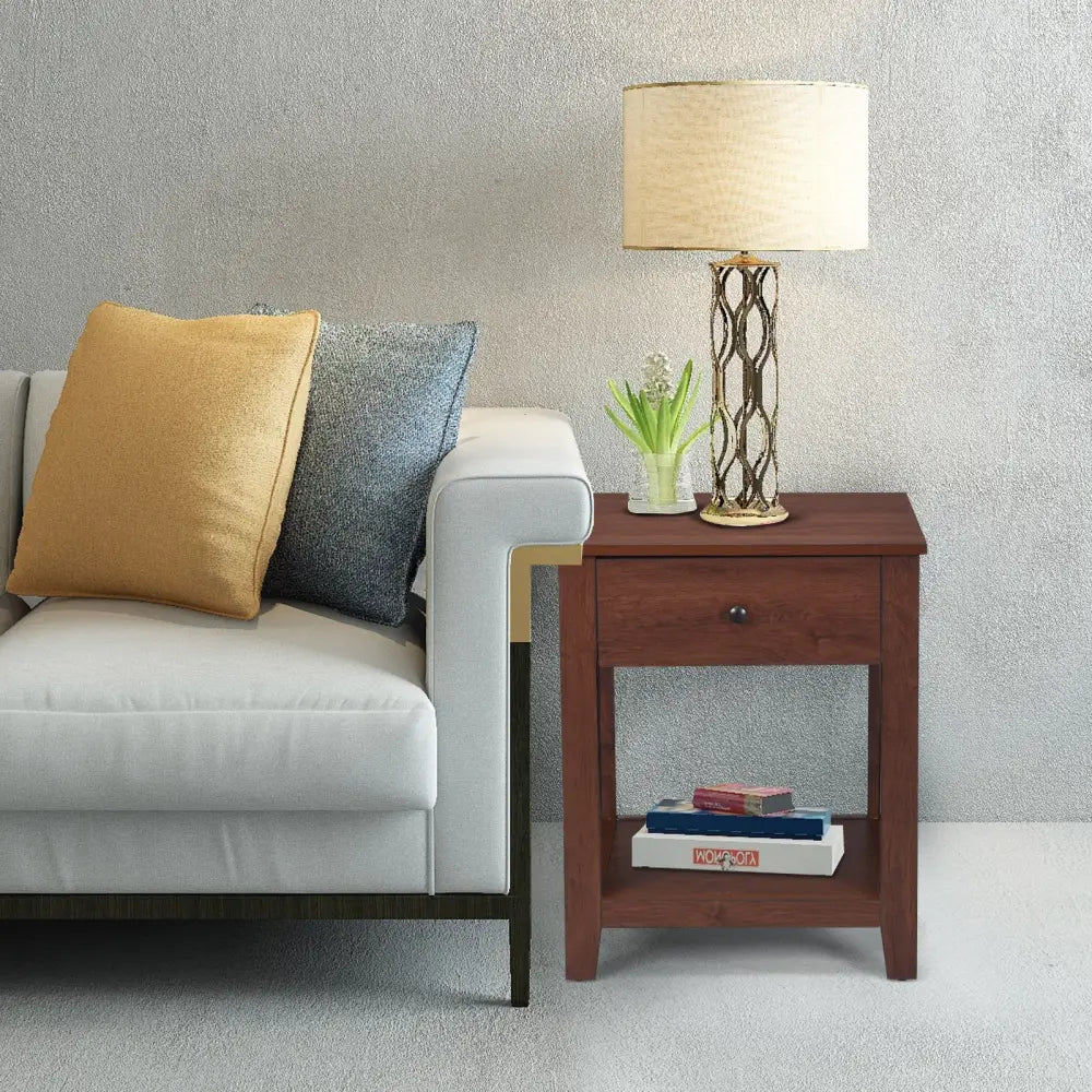 Night Stand End Side Table with Drawer and Storage Shelf - Brown - Nightstands
