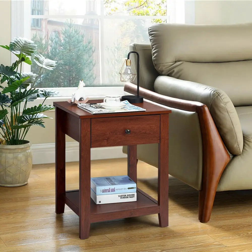 Night Stand End Side Table with Drawer and Storage Shelf - Brown - Nightstands