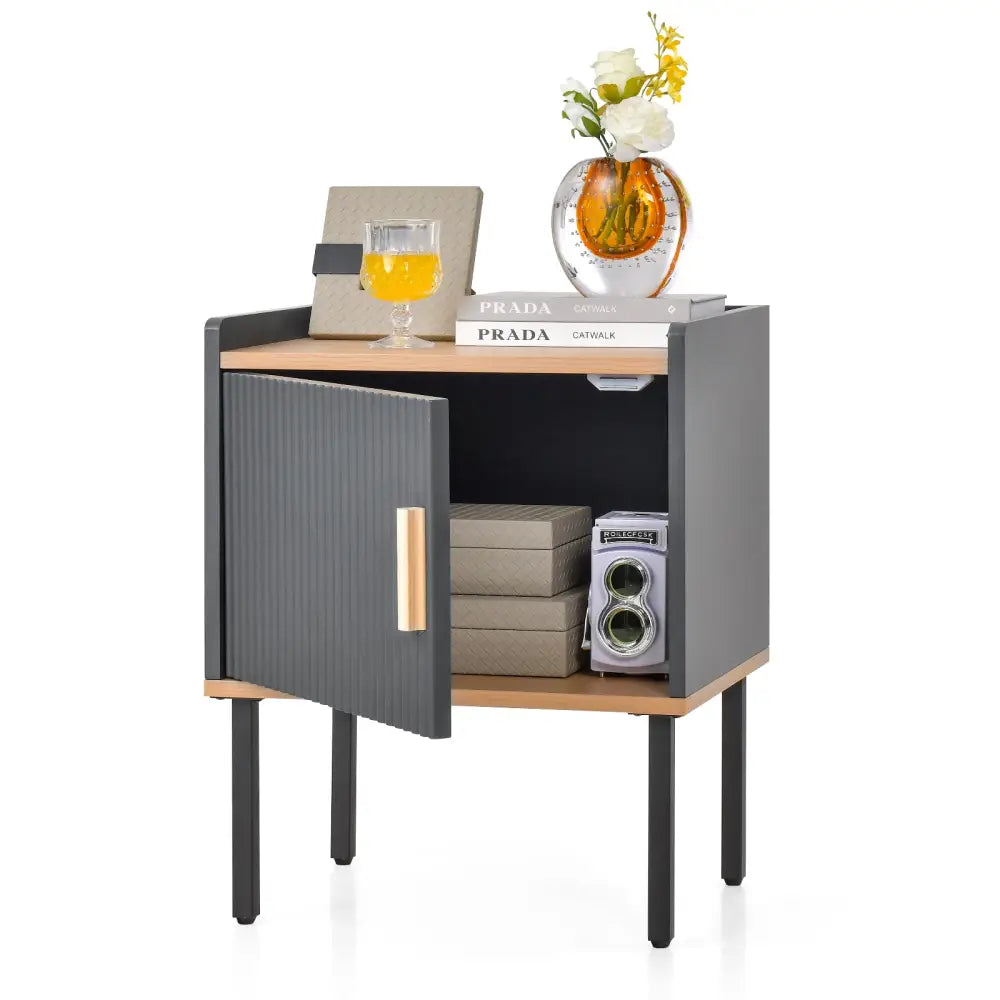 Nightstand Bedside End Table with Door Cabinet for Living Room Bedroom-Gray - Gray - Nightstands