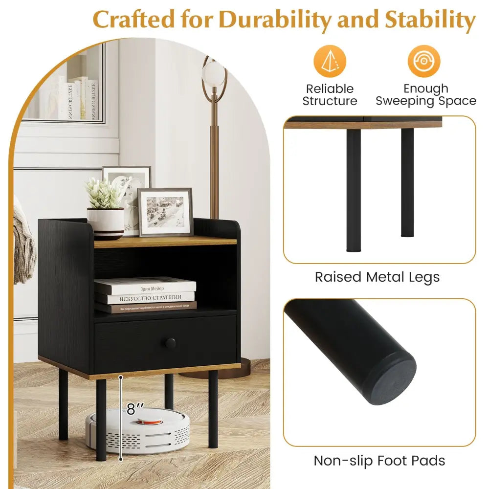Nightstand Bedside End Table with Drawer and Open Shelf for Living Room Bedroom-1 Piece - Black - Nightstands