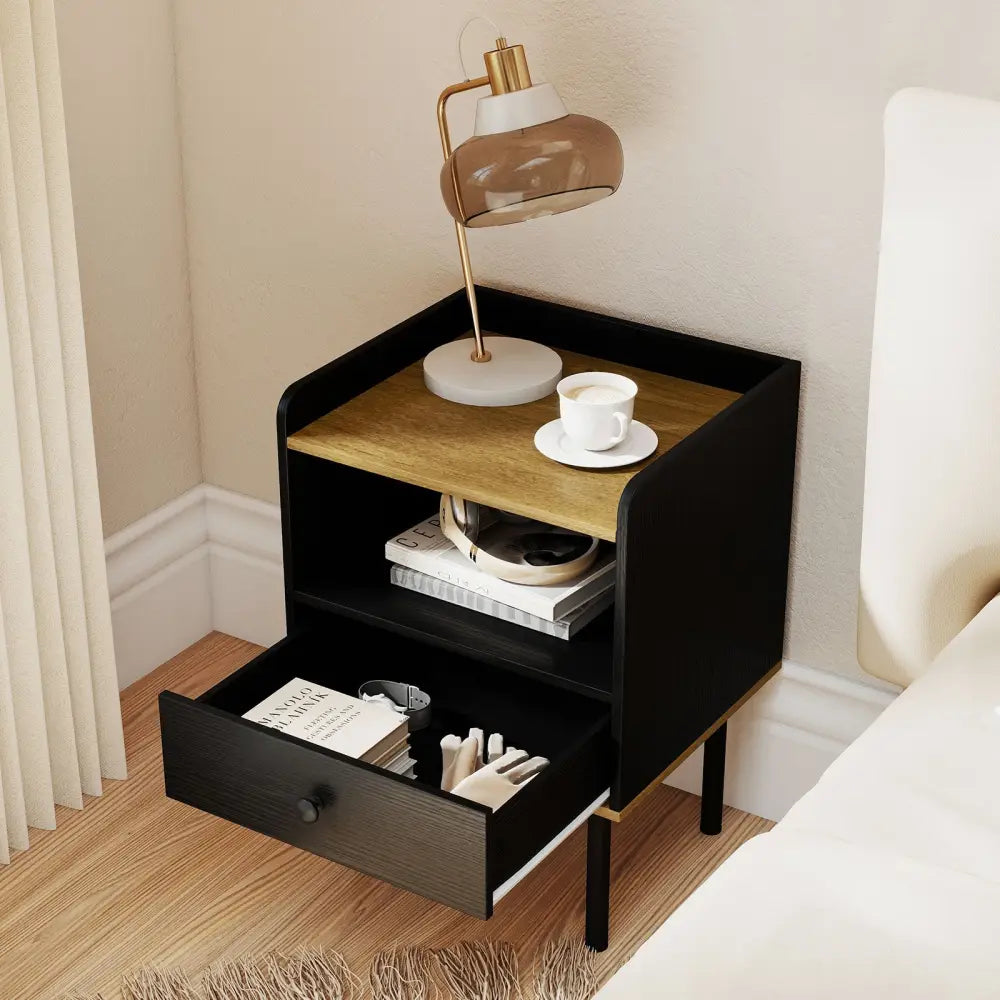 Nightstand Bedside End Table with Drawer and Open Shelf for Living Room Bedroom-1 Piece - Black - Nightstands