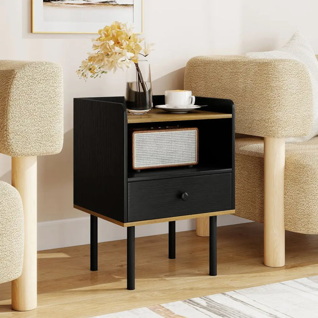 Nightstand Bedside End Table with Drawer and Open Shelf for Living Room Bedroom-1 Piece - Black - Nightstands