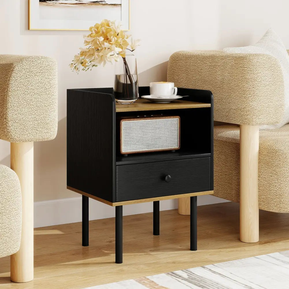 Nightstand Bedside End Table with Drawer and Open Shelf for Living Room Bedroom-1 Piece - Black - Nightstands