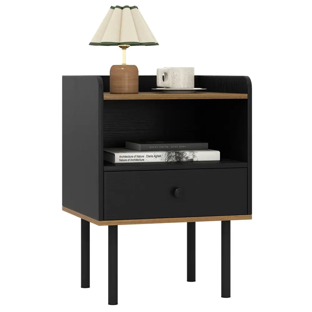 Nightstand Bedside End Table with Drawer and Open Shelf for Living Room Bedroom-1 Piece - Black - Nightstands