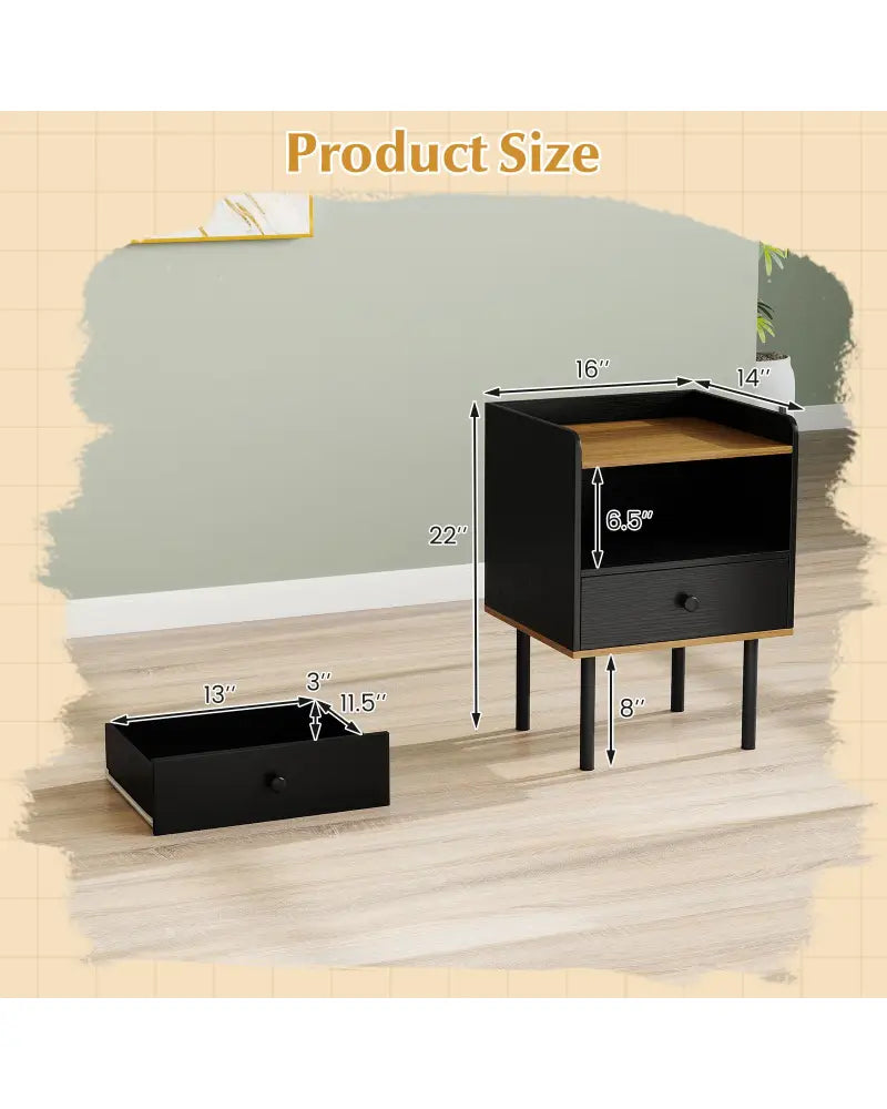 Nightstand Bedside End Table with Drawer and Shelf for Living Room Bedroom-Set of 2 - Black - Nightstands