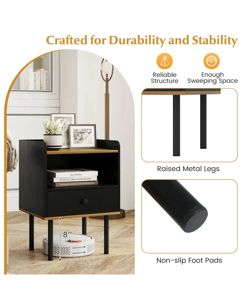 Nightstand Bedside End Table with Drawer and Shelf for Living Room Bedroom-Set of 2 - Black - Nightstands