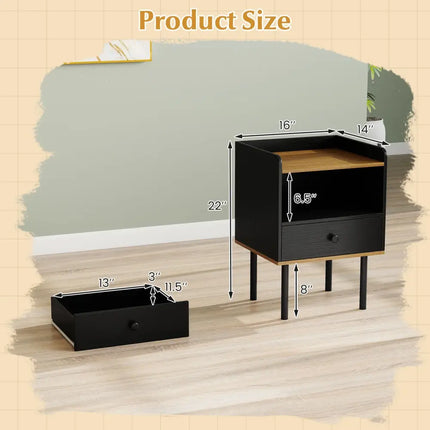 Nightstand Bedside End Table with Drawer and Shelf for Living Room Bedroom-Set of 2 - Black - Nightstands