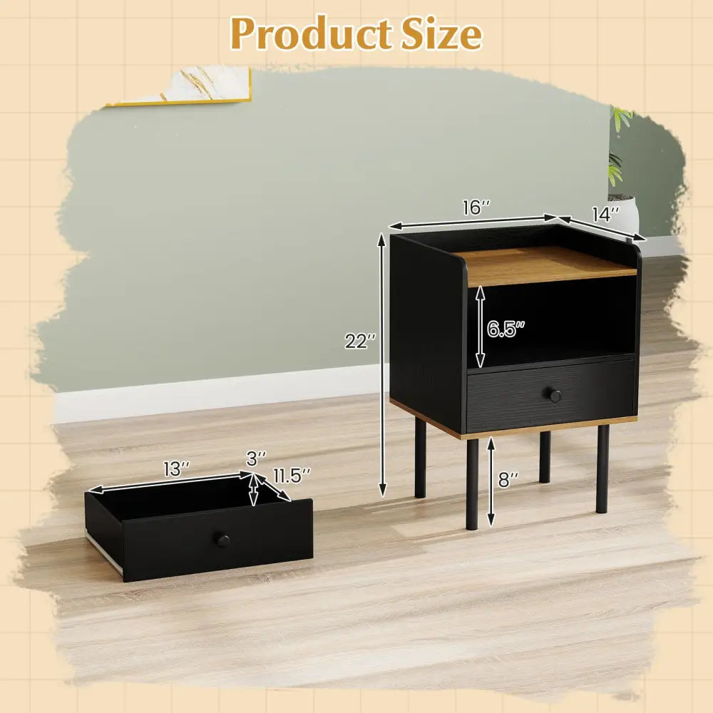 Nightstand Bedside End Table with Drawer and Shelf for Living Room Bedroom-Set of 2 - Black - Nightstands