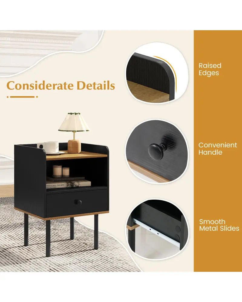 Nightstand Bedside End Table with Drawer and Shelf for Living Room Bedroom-Set of 2 - Black - Nightstands