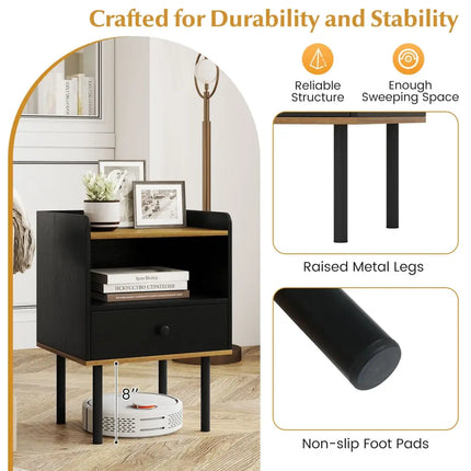 Nightstand Bedside End Table with Drawer and Shelf for Living Room Bedroom-Set of 2 - Black - Nightstands