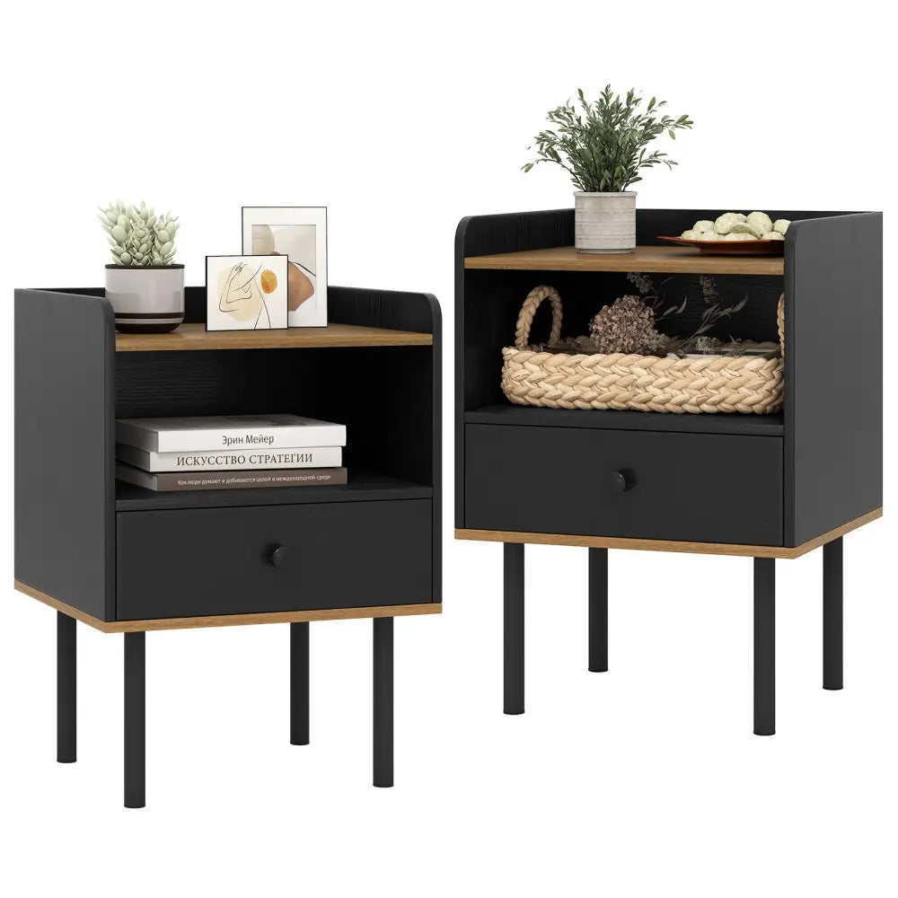 Nightstand Bedside End Table with Drawer and Shelf for Living Room Bedroom-Set of 2 - Black - Nightstands