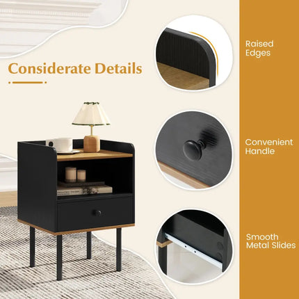Nightstand Bedside End Table with Drawer and Shelf for Living Room Bedroom-Set of 2 - Black - Nightstands