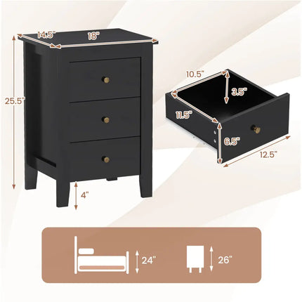 Nightstand End Beside Table Drawers Modern Storage Bedroom Furniture-Black - Black - Bedroom